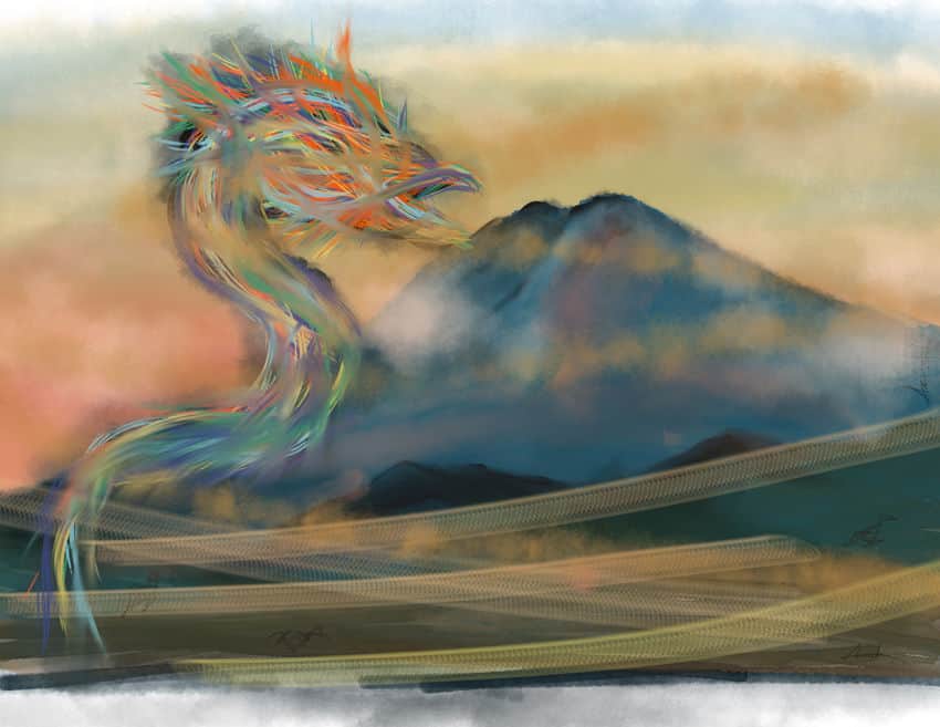 A digital painting of a colorful feathered serpent, reminiscent of Quetzalcoatl, rising before a majestic Mexican volcano