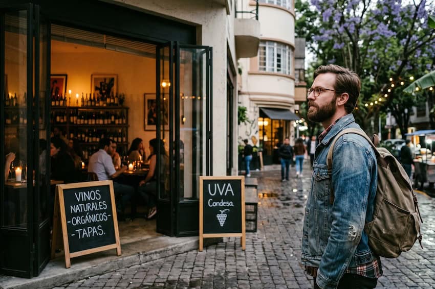  a hipster gringo staring longingly at an organic wine bar in Condesa, Mexico City