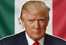 Donald Trump in front of a Mexican flag