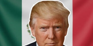 Donald Trump in front of a Mexican flag