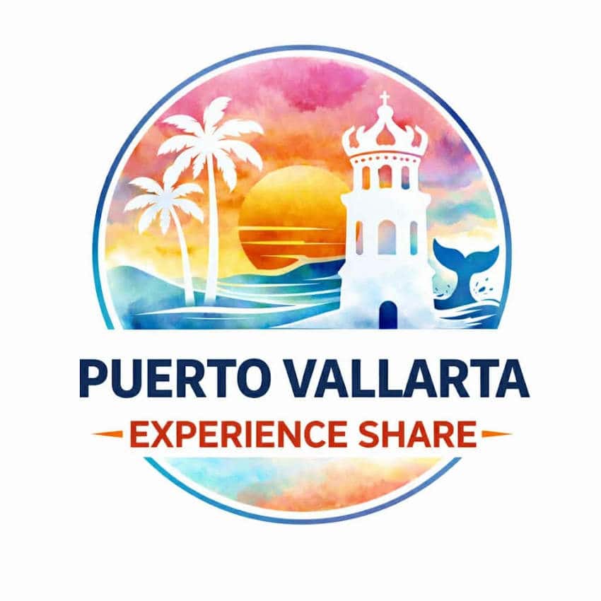 Logo for Puerto Vallarta Experience Share in Puerto Vallarta, Mexico, featuring a watercolor sunset, palm trees, a whale tail, and the city's iconic Guadalupe church tower.