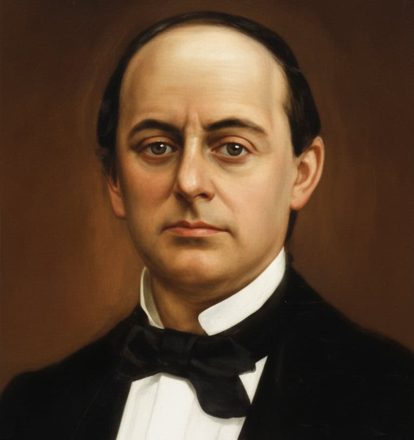 Official portrait of Sebastian Lerdo de Tejada, the President of Mexico, wearing a formal black suit and bowtie, representing a key figure in the Restored Republic era of Mexican history, which preceded the Porfiriato.