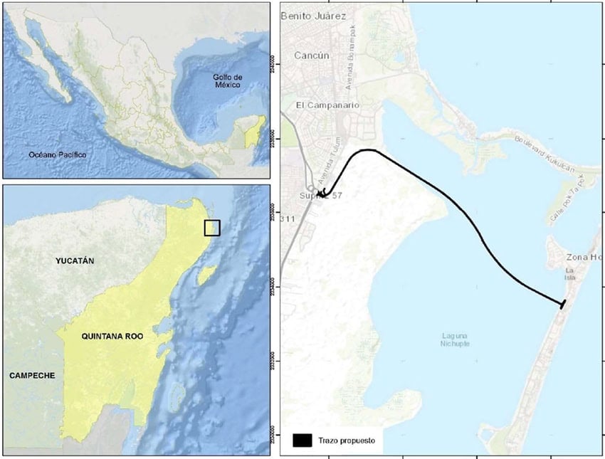 A map showing the location of a new bridge in Cancún, Quintana Roo