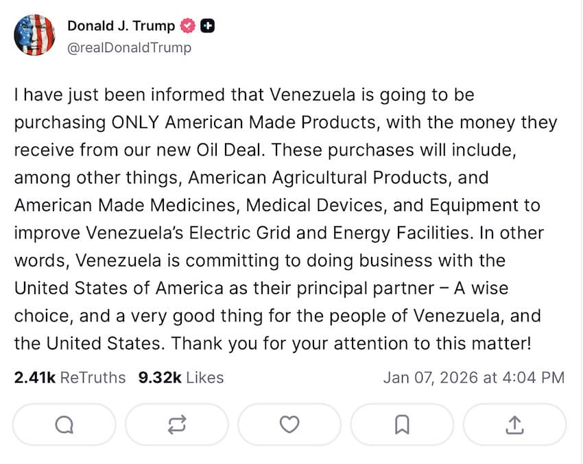 President Trump appeared to confirm earlier reporting on Wednesday with a social media post declaring Venezuela had agreed to "buy American."