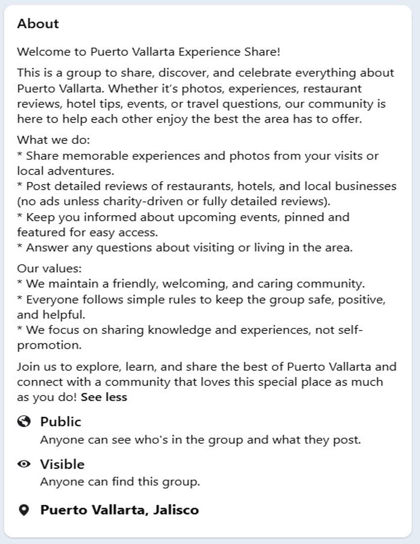 Screen capture of the About Page on Facebook to Puerto Vallarta Experience Share online group for expats in Puerto Vallarta, Mexico