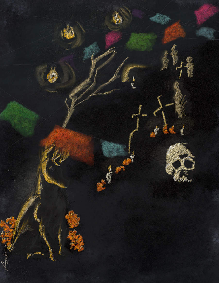 A dark, abstract, poetic, chalk-style illustration of Day of the Dead symbols, including a skull, crosses, marigolds and colorful papel picado.