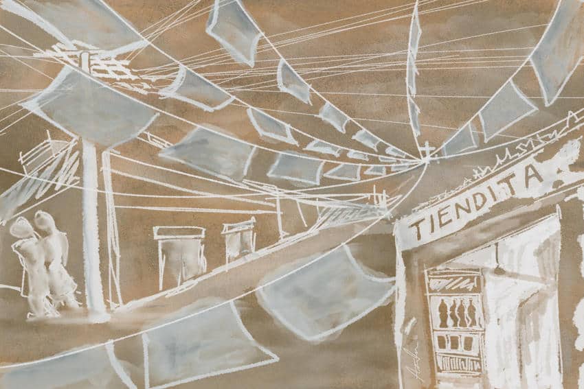 A sepia-toned art illustration with chalk-like strokes depicting a traditional Mexican street with papel picado banners and a local tiendita shop, evoking the visual poetry about Mexico.