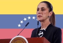 Sheinbaum juxtaposed with a Venezuela flag in the background