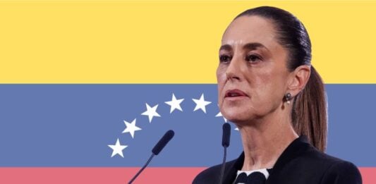 Sheinbaum juxtaposed with a Venezuela flag in the background
