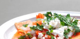 A close-up shot of a plate of red chilaquiles, a staple authentic Mexican recipe, topped with fresh crema, crumbled queso fresco, diced onions and cilantro.
