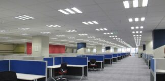 Empty room of office cubicles
