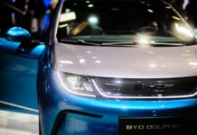 A closeup of the front of a BYD dolphin electric car.
