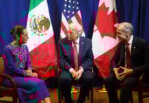 Mexican president Sheinbaum, Trump and Canada PM Carney sit in front of their countries' flags