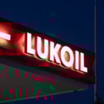 Kostanay, Kazakhstan, July 10, 2025. LUKOIL signboard at gas station