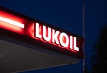 Kostanay, Kazakhstan, July 10, 2025. LUKOIL signboard at gas station