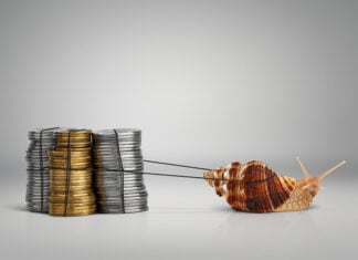 A snail pulls a pile of coins
