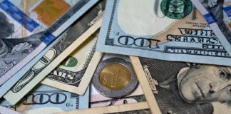 Dollar bills surround a one-peso coin