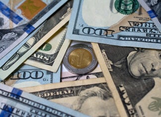 Dollar bills surround a one-peso coin