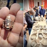 Two photos: On the left, a hand holds a tiny gold mask. On the right, townspeople gather around a table filled with dusty clay pots and vases