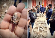 Two photos: On the left, a hand holds a tiny gold mask. On the right, townspeople gather around a table filled with dusty clay pots and vases