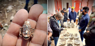 Two photos: On the left, a hand holds a tiny gold mask. On the right, townspeople gather around a table filled with dusty clay pots and vases