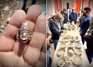 Two photos: On the left, a hand holds a tiny gold mask. On the right, townspeople gather around a table filled with dusty clay pots and vases