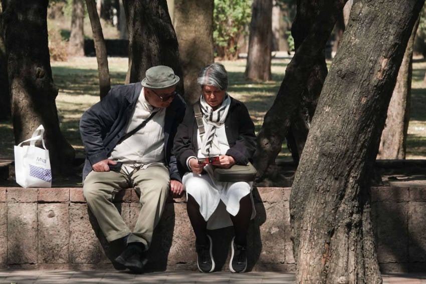 A Mexican elderly couple sit on a short concrete wall in a Mexico City park. They are wearing warm clothing and are both looking at a red flyer that the woman is holding in her hand. They are surrounded by tree trunks.