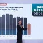 President Sheinbaum standing next to a graph showing a reduction in homicides in January 2026