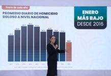 President Sheinbaum standing next to a graph showing a reduction in homicides in January 2026