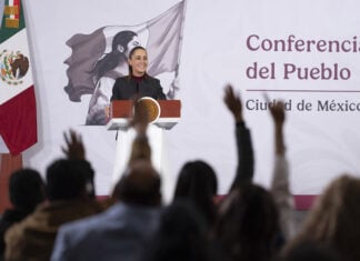 Reporters raise their hands at Sheinbaum's daily press briefing