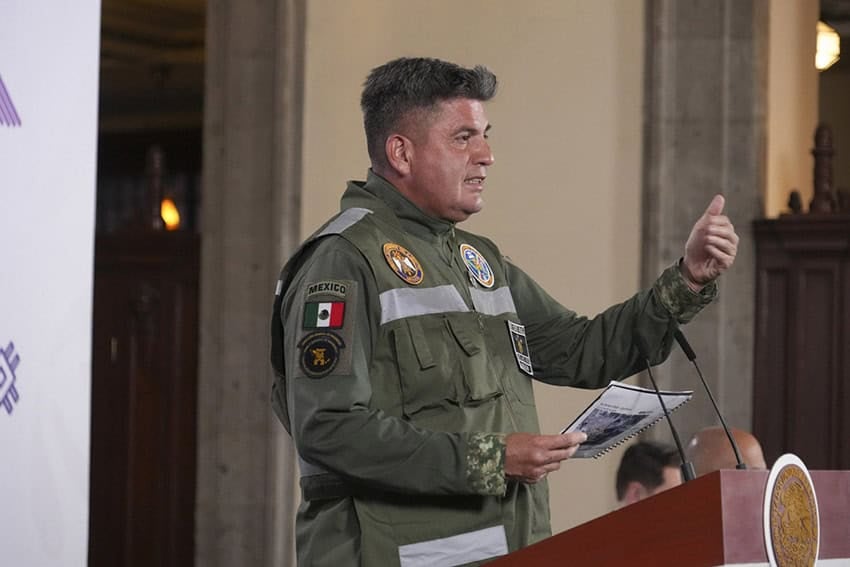 Military engineer Ricardo Vallejo Suárez at a press conference podium