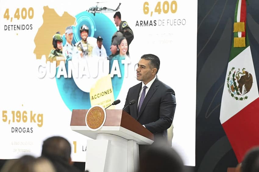 Security Minister Omar Garcia Harfuch shares a graphic showing Guanajuato state with statistics on arrests, drug busts and arms seizures