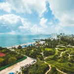 An aerial view of hotels and coastline in Cancún