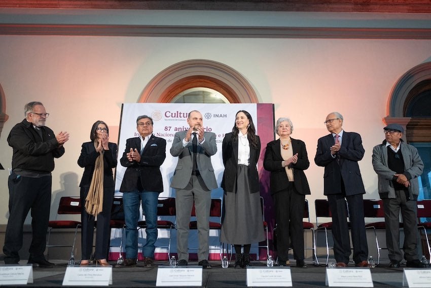 In Mexico City, Culture Minister Claudia Curiel de Icaza on a stage at an event celebrating