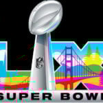 A brightly illustrated colored logo for Super Bowl LX, featuring images of the San Francisco skyline and the Golden Gate Bridge within block letters saying LX. In the foreground is an image of the Heisman Trophy with the NFL logo on it in the center.