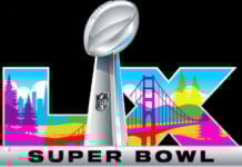 A brightly illustrated colored logo for Super Bowl LX, featuring images of the San Francisco skyline and the Golden Gate Bridge within block letters saying LX. In the foreground is an image of the Heisman Trophy with the NFL logo on it in the center.