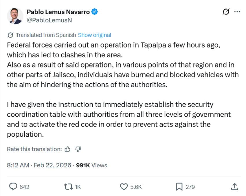 Un tuit del gobernador de Jalisco, Pablo Lemus, sobre operativo policial en Tapalpa