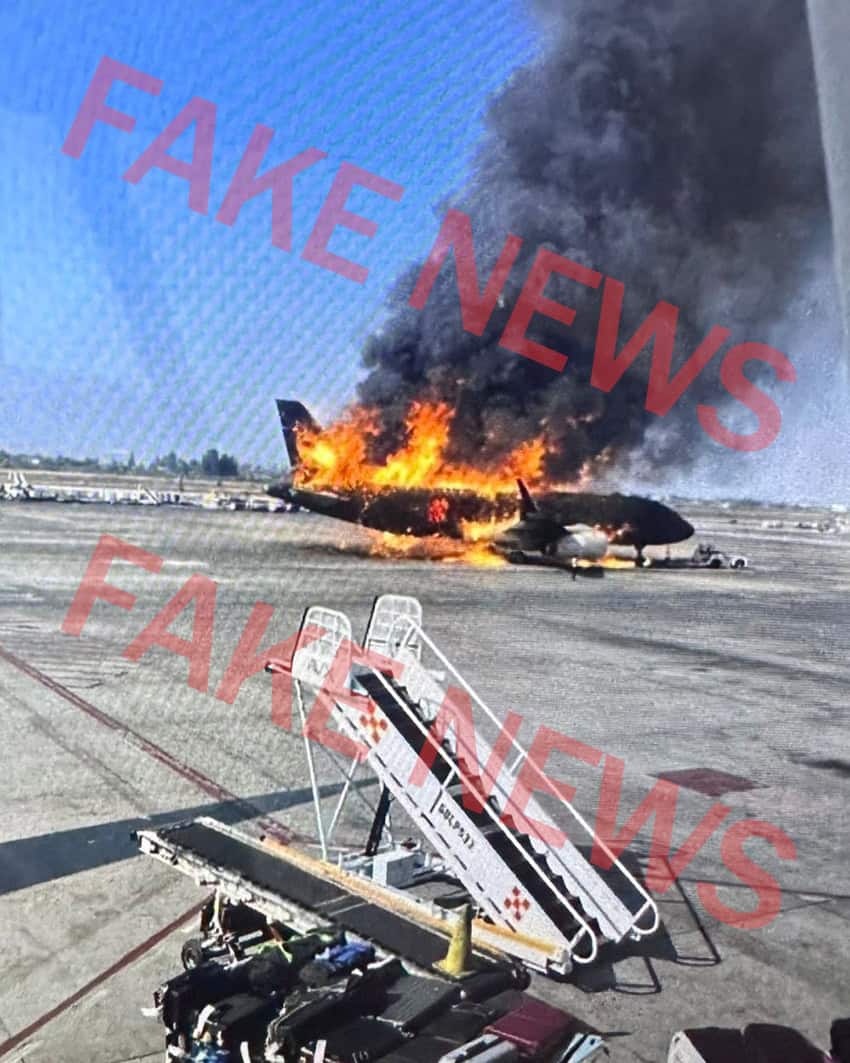 An AI generated image with an overlay reading "FAKE NEWS" shows a plane burning on the tarmac of the Guadalajara airport