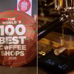 Juan Carlos Yerenas, left, accepts the World's Best Coffee Shops award for his café, El Terrible Juan. At right, espresso brews at Histórico Café Tostador in Chiapas