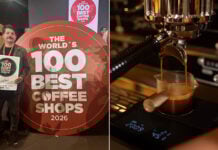 Juan Carlos Yerenas, left, accepts the World's Best Coffee Shops award for his café, El Terrible Juan. At right, espresso brews at Histórico Café Tostador in Chiapas