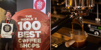 Juan Carlos Yerenas, left, accepts the World's Best Coffee Shops award for his café, El Terrible Juan. At right, espresso brews at Histórico Café Tostador in Chiapas