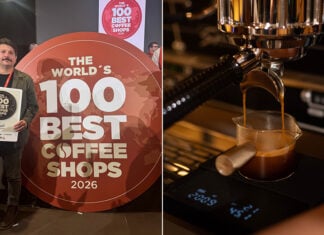 Juan Carlos Yerenas, left, accepts the World's Best Coffee Shops award for his café, El Terrible Juan. At right, espresso brews at Histórico Café Tostador in Chiapas