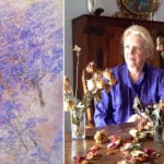 Kathleen Clement and one of her paintings of jacaranda blossoms at sunset