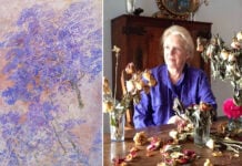 Kathleen Clement and one of her paintings of jacaranda blossoms at sunset