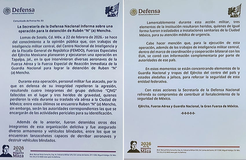 A Mexican Defense Ministry press release regarding El Mencho's death