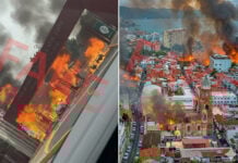 Fake, AI-generated photos with the word "FAKE" overlaid show Puerto Vallarta and the Iberoamerican University in León, Guanajuato, in flames.