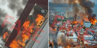 Fake, AI-generated photos with the word "FAKE" overlaid show Puerto Vallarta and the Iberoamerican University in León, Guanajuato, in flames.