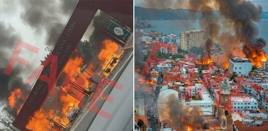 Fake, AI-generated photos with the word "FAKE" overlaid show Puerto Vallarta and the Iberoamerican University in León, Guanajuato, in flames.
