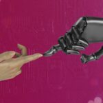 AI hand touching human hand