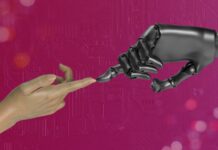AI hand touching human hand